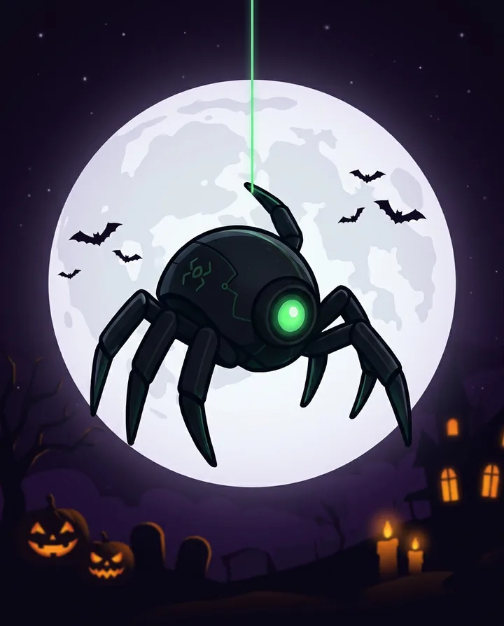 Tealy dangling from a thread in front of a full moon with bats