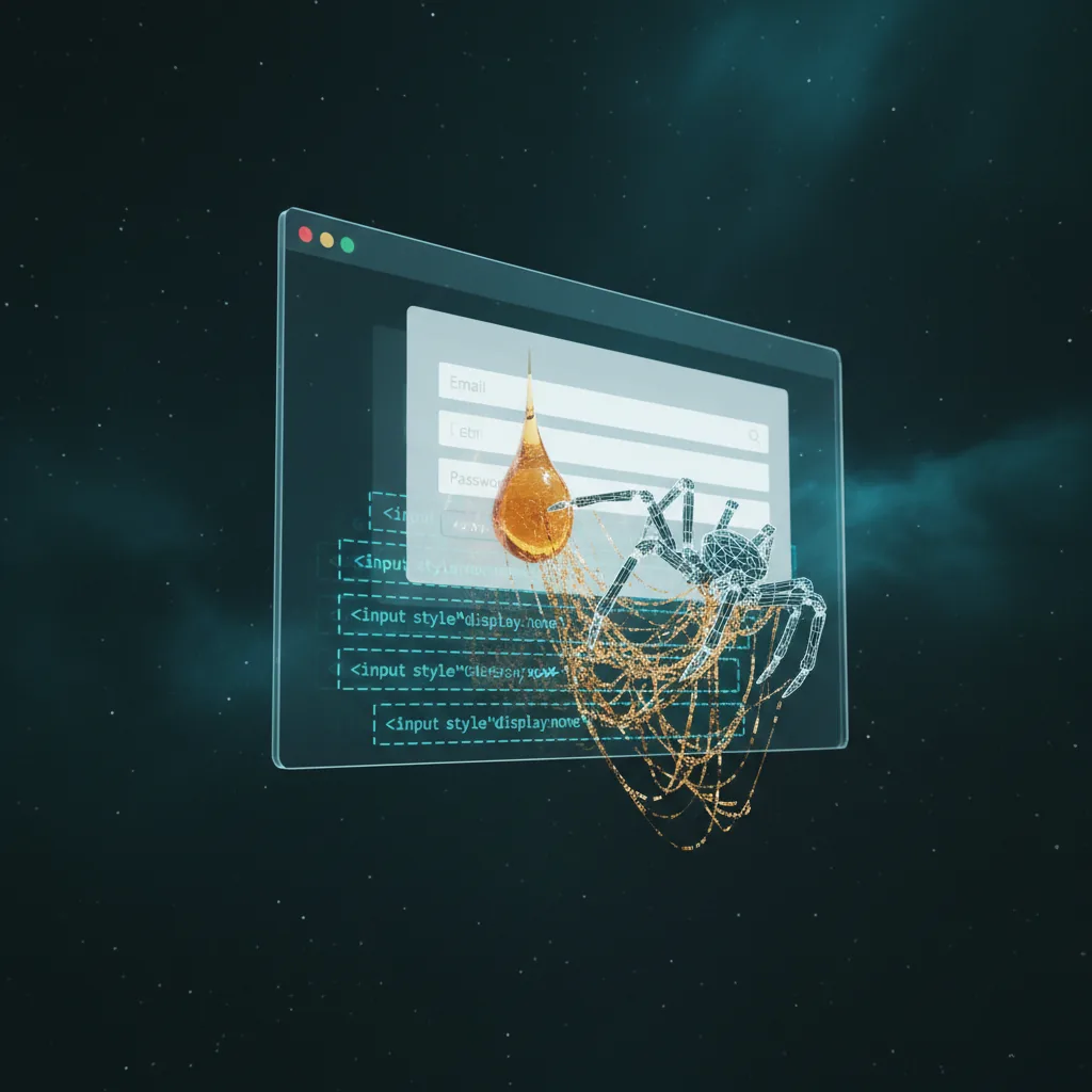 Diagram of a DOM honeypot trap: a browser window renders a clean login form while ghostly hidden input fields and links sit beneath it, ensnaring a wireframe scraper-bot in a sticky web of <input style="display:none"> snippets.